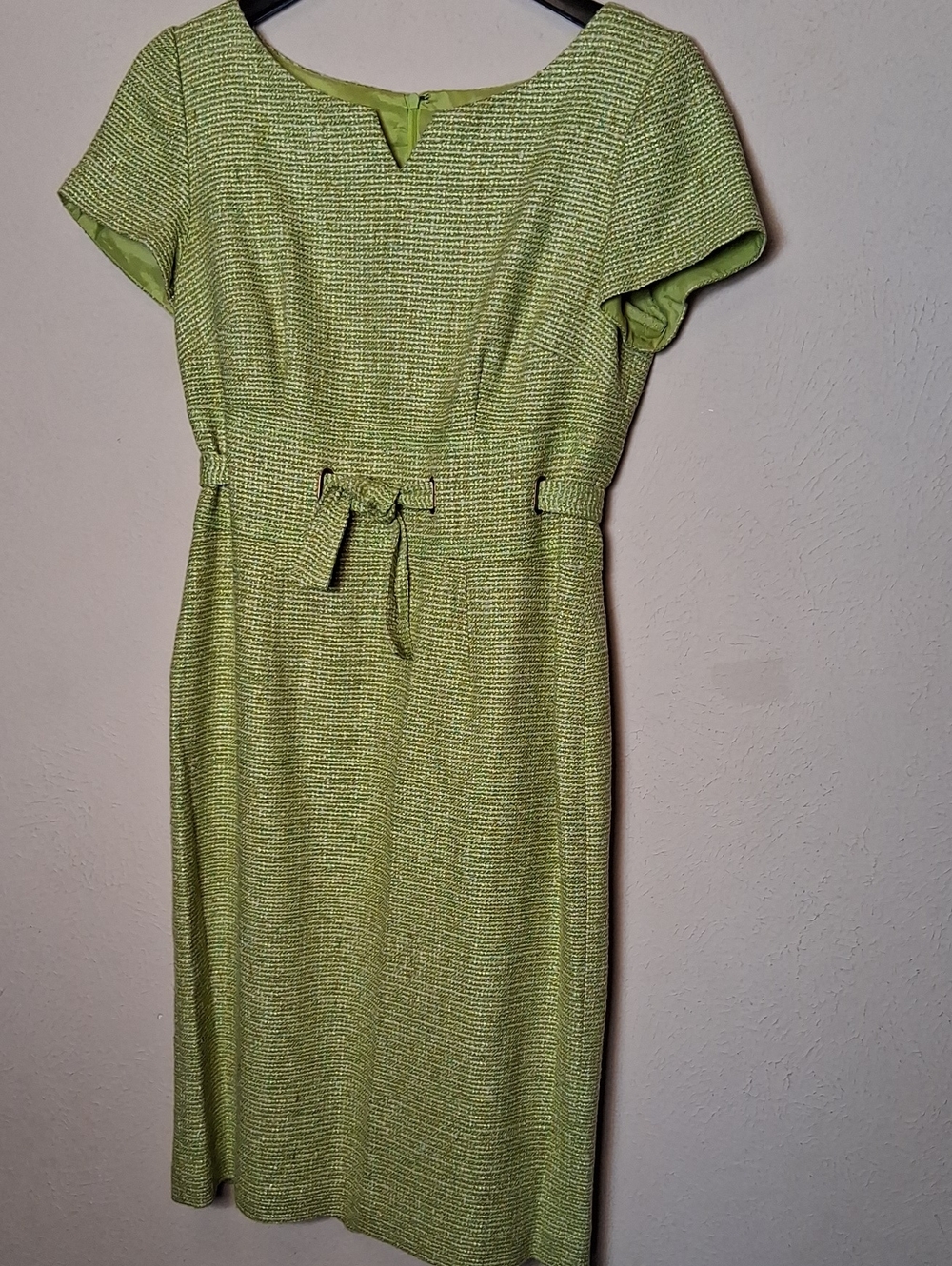Talbots Lime Green Tweed Textured Belted Midi Dress